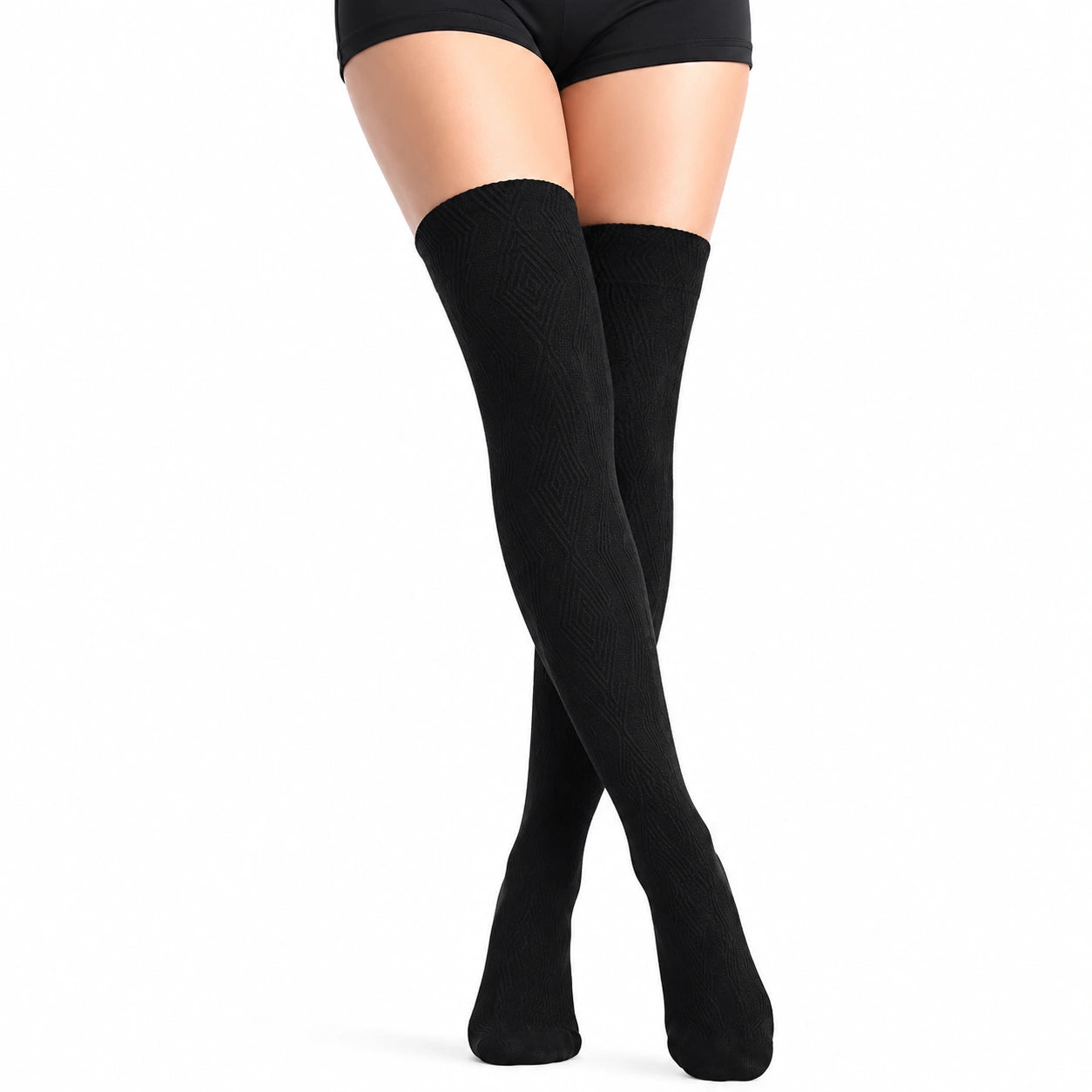Damen Overknee Socken Größe 35-38 Schwarz mit Strickmuster